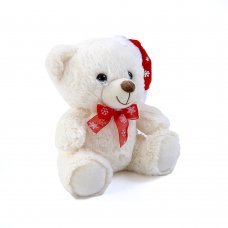 Χριστουγεννιάτικο Λούτρινο Αρκουδάκι Μπεζ με Σκούφο και Φιόγκο (20cm)